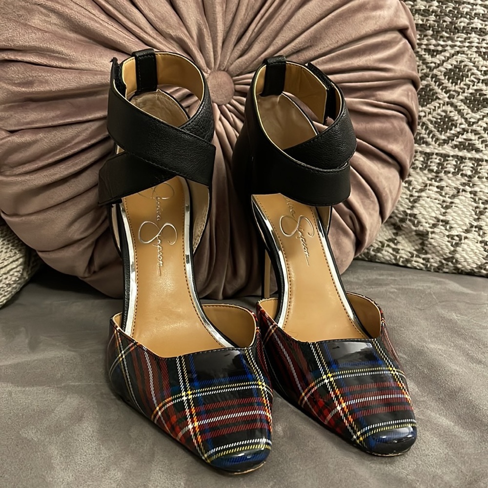 Jessica Simpson Cassiya Blue Plaid Ankle Strap Pumps - Picture 4 of 8